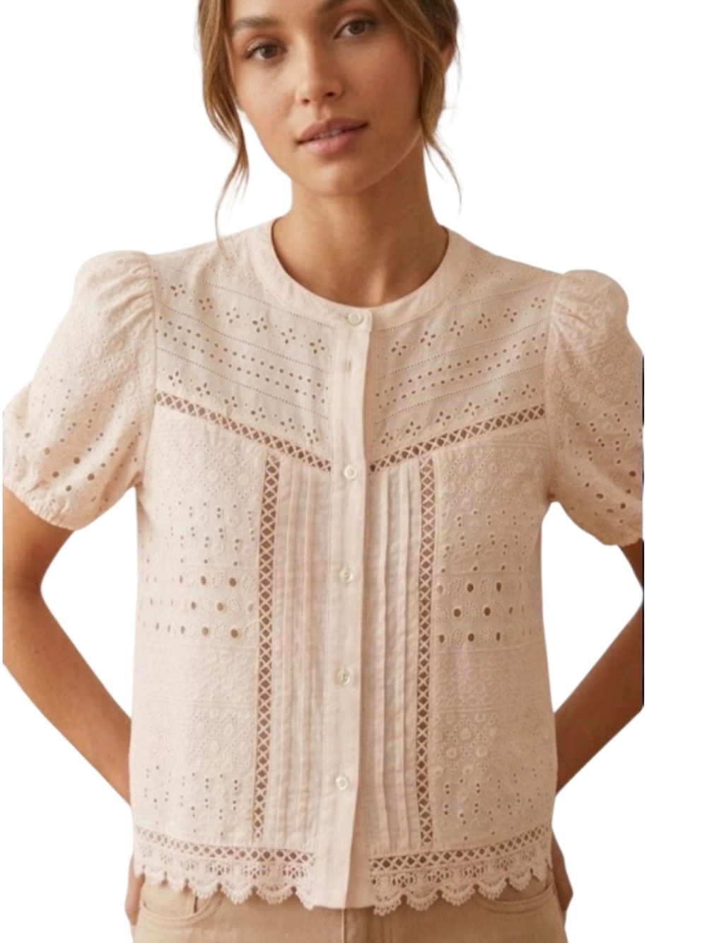 Industry Rep Clothing Embroidered Eyelet Puff Slv Button-Up Shirt cream,M,NWOT